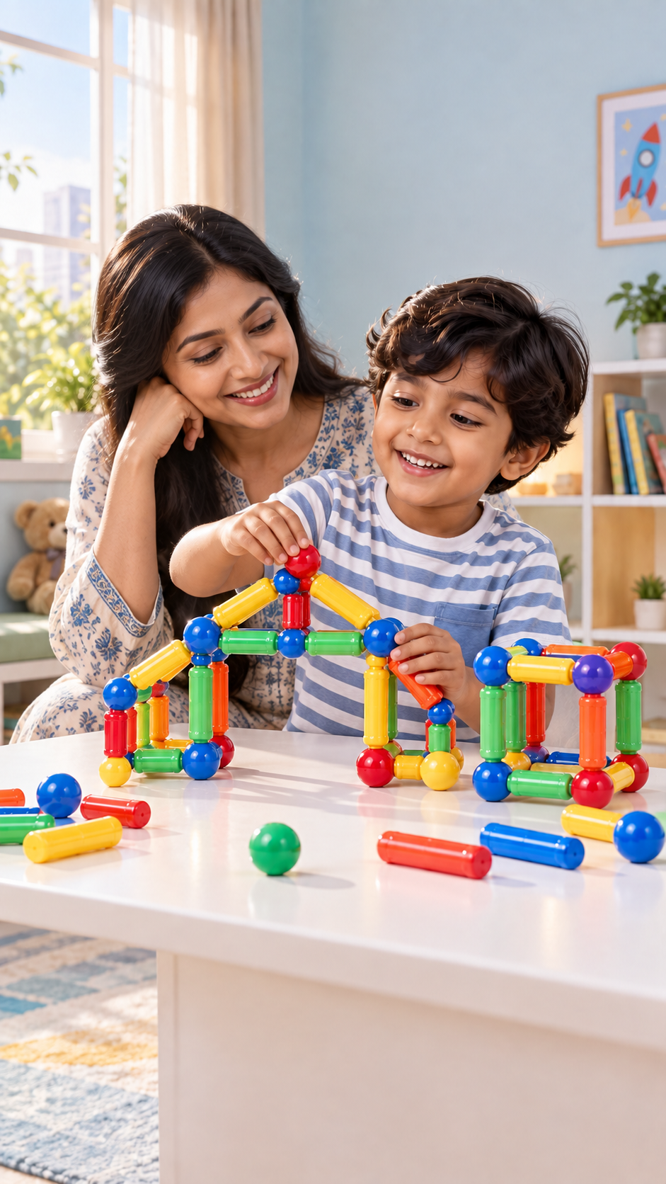 মা ও শিশু একসঙ্গে magnetic blocks খেলছে
